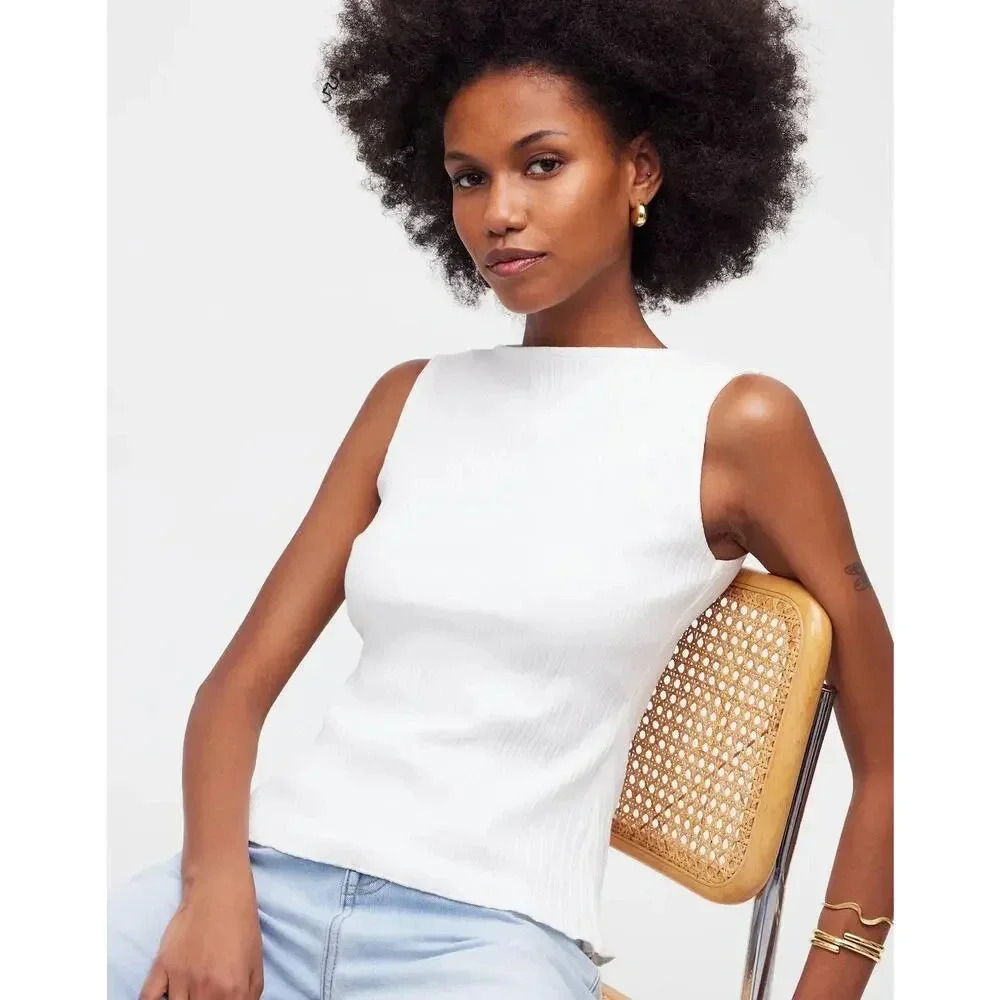 NEW Madewell Women’s Small Eyelet White Ribbed Boatneck Tank NWT